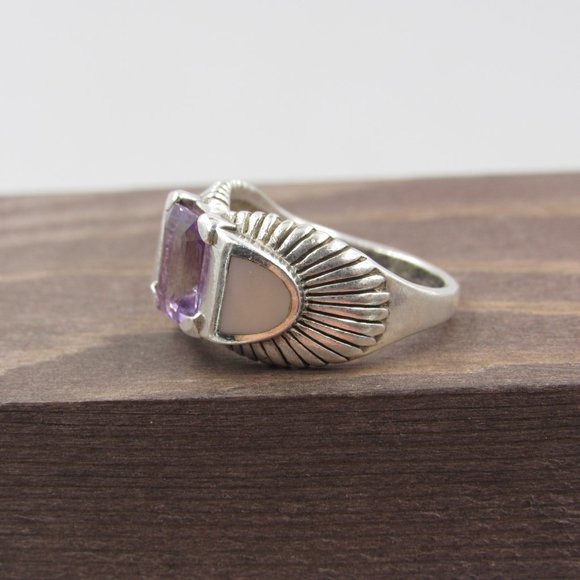 Size 6 Sterling Amethyst & Shell Unique Band Ring - Picture 2 of 8